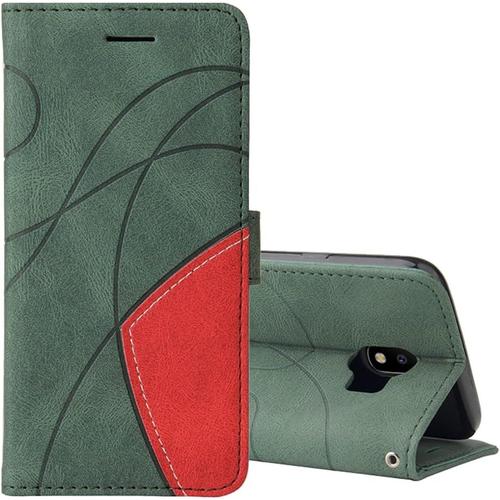 Coque Pour Samsung Galaxy J4 2018 Avec Verre Trempé, Etui En Cuir Pu Portefeuille Housse Full Body Protecteur Housse Coque Folio Antichoc Leather Housse Flip Cover Vert