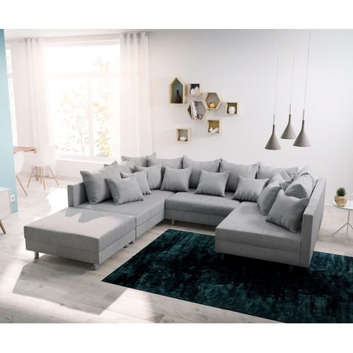 Canapé Clovis Gris Tissu Plat Avec Tabouret Salon Canapé Panoramique Modulable
