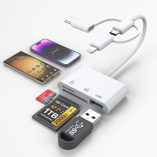 Lecteur de carte mémoire universel 3 en 1 OTG Micro SD/TF/USB avec ports USB, Lightning, Micro, Type-C pour iOS, Android, compatible avec iPhone, iPad, Samsung, tablettes, MacBook