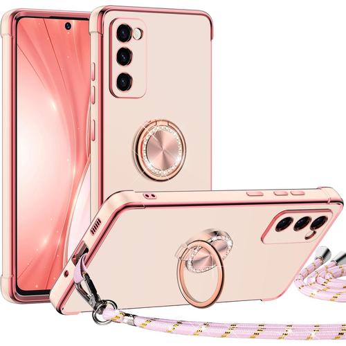 Coque Pour Samsung Galaxy S20 Fe 5g, Avec Anneau Maintien, Coque Samsung S20 Fe Avec Cordon Réglable, Mince En Tpu Souple Antichoc Pour Femme - Rose