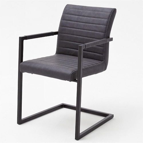 Lot De 4 Chaises Kerry Tissu Gris Couture Horizontale Avec Piètement Tube Carré Métal Noir Mat Avec Accoudoirs