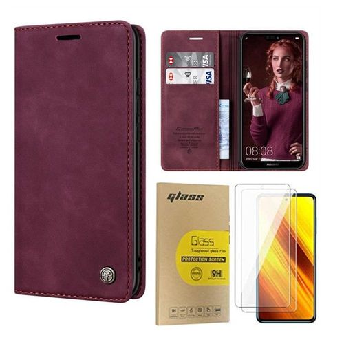 Coque Samsung Galaxy S20 Fe Avec 2 Pièces Verre Trempé Protection D'écran, Étui Housse Portefeuille Etui En Cuir Pu Premium Housse Antichoc Coque Pour Samsung Galaxy S20 Fe ,Vin Rouge