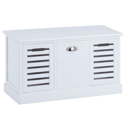 Banc De Rangement Trient Meuble Bas Coffre Et 3 Caisses De Rangement, En Mdf Et Bois De Paulownia Blanc