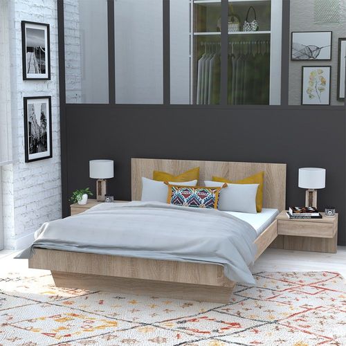 Lit Cool 140x190 Cm + 2 Chevets + Sommier / Chêne Blanchi/ 192x234x75 Cm