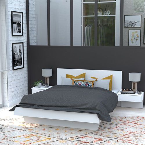Lit Cool 140x190 Cm + 2 Chevets + Sommier / Blanc/ 192x234x75 Cm