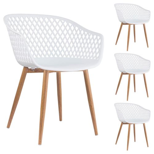 Lot De 4 Chaises Madeira Pour Salle À Manger Ou Cuisine Au Design Retro Avec Accoudoirs, Coque Plastique Blanc Et 4 Pieds Décor Bois