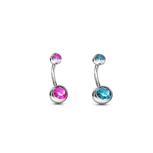 2 Piercing Nombril-Acier Chirurgical-Double Cristaux Autrichiens, Bleu Et Rose