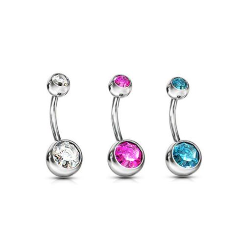 3 Piercing Nombril-Acier Chirurgical-Double Cristaux Autrichiens, Blanc Transparent, Rose Et Bleu