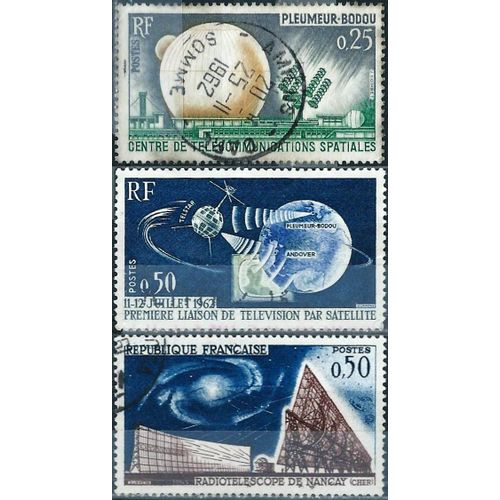 France 1962 / 63, Belle Série Timbres Yvert 1360, 1361 Et 1362, Télécommunications Spatiales, Oblitérés, Tbe.