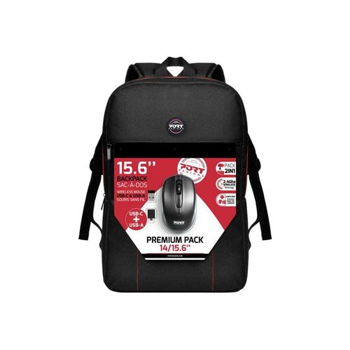 PORT Designs - Premium Pack - sac à dos pour ordinateur portable - 14" - 15.6" - avec souris optique sans fil 1 000 dpi USB-C et USB-A