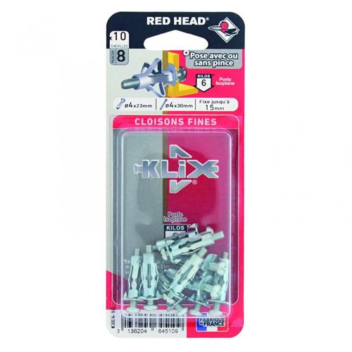 Lot de 10 chevilles et vis à expansion klix KXC410 RED HEAD, Diam.8 x L.23 mm