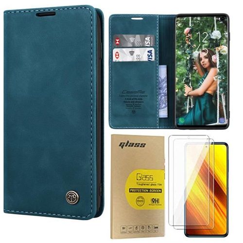 Coque Samsung S10 Plus Avec 2 Pièces Verre Trempé Protection D'écran, Étui Housse Coque Pour Samsung Galaxy S10 Plus Antichoc,Portefeuille Etui En Cuir Pu Premium Housse Pour Samsung S10 Plus (Bleu)