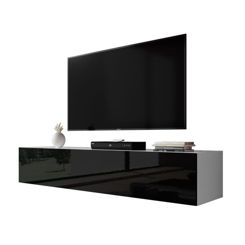 Furnix Meuble Tv / Meuble Suspendu Zibo 160 Cm Blanc/ Noir Style Moderne Avec Compartiments Fermés