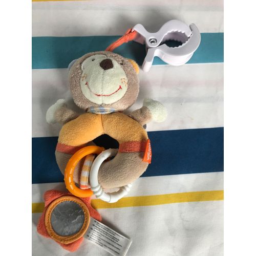 Hochet Doudou Ours Marron- Orange Avec Crochet Pour Fixer À Un Landau Ou Poussette - Avec 2 Anneaux Pour Jouer Ou Pour Les Dents -