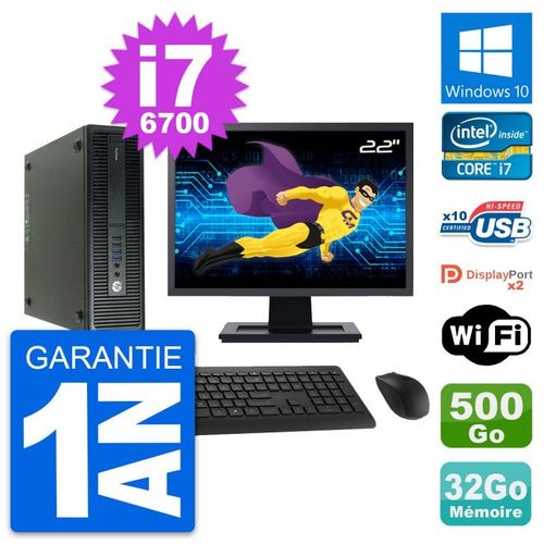 PC HP 600 G2 SFF Ecran 22" Core i7-6700 RAM 32Go Disque 500Go Windows 10 Wifi