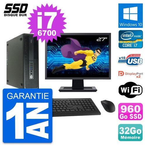 PC HP 600 G2 SFF Ecran 27" Intel Core i7-6700 RAM 32Go SSD 960Go Windows 10 Wifi