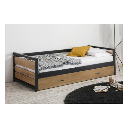 Lit Gigogne Industriel Boston - 2 X 90 X 190 Cm - Mdf, Pin Et Métal - Coloris : Noyer Et Anthracite