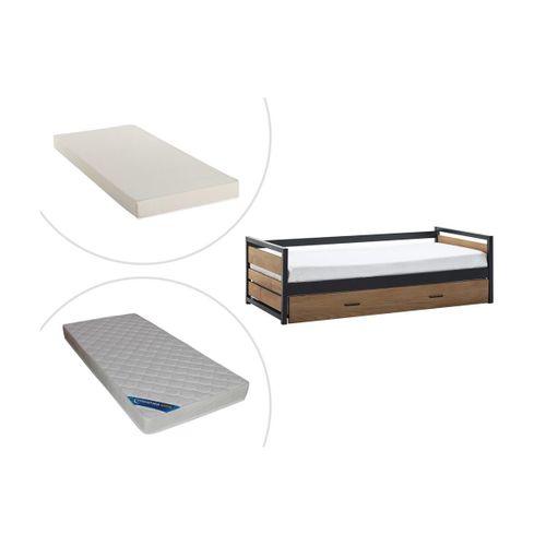 Lit Gigogne Industriel Boston - 2 X 90 X 190 Cm - Mdf, Pin Et Métal + Matelas