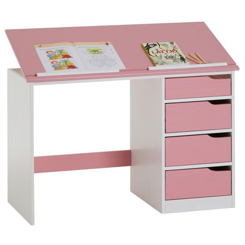 Bureau Enfant Écolier Junior Emma Pupitre Inclinable Avec 4 Tiroirs En Pin Massif, Lasuré Blanc Et Rose