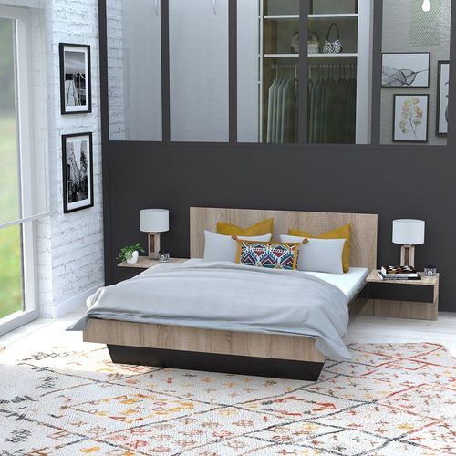Lit Cool 140x190 Cm + 2 Chevets + Sommier / Chêne Blanchi & Noir/ 192x234x75 Cm