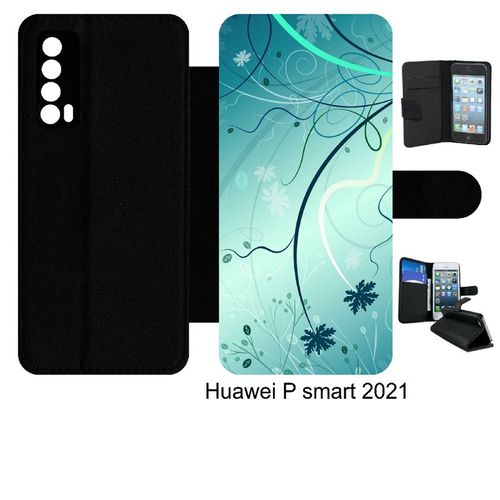 Etui À Rabat Huawei P Smart 2021 - Abstrait Turquoise Fleur - Simili-Cuir - Noir