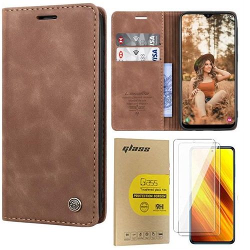 Coque Samsung S9 Plus Avec 2 Pièces Verre Trempé Protection D'écran, Étui Housse Portefeuille Etui En Cuir Pu Premium Housse Antichoc Coque Pour Samsung Galaxy S9 Plus ,Marron