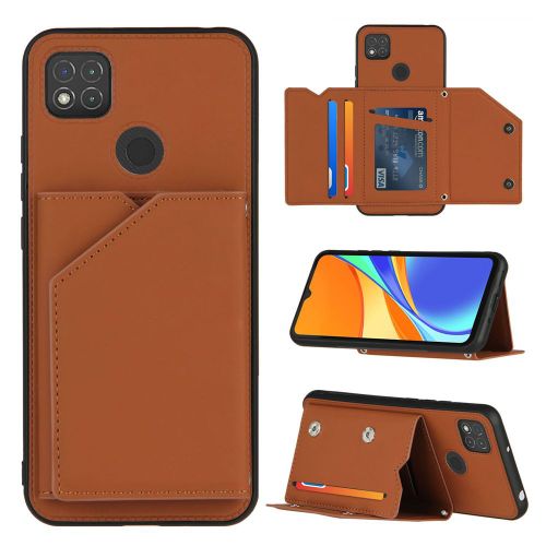 Coque Xiaomi Redmi 9c, Portefeuille Coque Pour Xiaomi Redmi 9c, Etui En Cuir Pu Avec Fentes Pour Cartes, Double Fermoir Magnétique Et Antichoc Durable Coquille_Marron