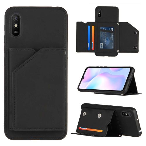 Coque Xiaomi Redmi 9a, Portefeuille Coque Pour Xiaomi Redmi 9a, Etui En Cuir Pu Avec Fentes Pour Cartes, Double Fermoir Magnétique Et Antichoc Durable Coquille_Noir