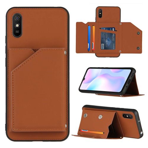 Coque Xiaomi Redmi 9a, Portefeuille Coque Pour Xiaomi Redmi 9a, Etui En Cuir Pu Avec Fentes Pour Cartes, Double Fermoir Magnétique Et Antichoc Durable Coquille_Marron
