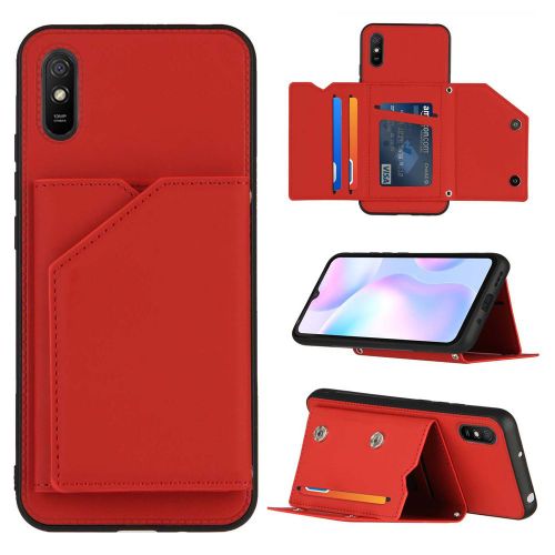 Coque Xiaomi Redmi 9a, Portefeuille Coque Pour Xiaomi Redmi 9a, Etui En Cuir Pu Avec Fentes Pour Cartes, Double Fermoir Magnétique Et Antichoc Durable Coquille_Rouge