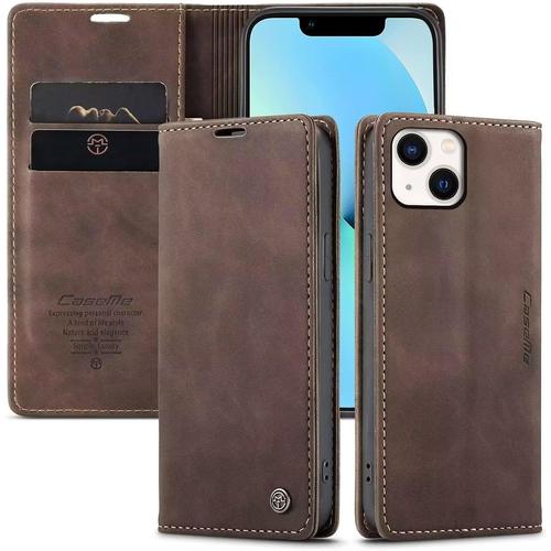 Etui Coque Pour Iphone 13,Protection Housse En Cuir Pu Portefeuille Livre, Emplacements Cartes , Fonction Support , Languette Magnétique Pour Iphone 13,Café