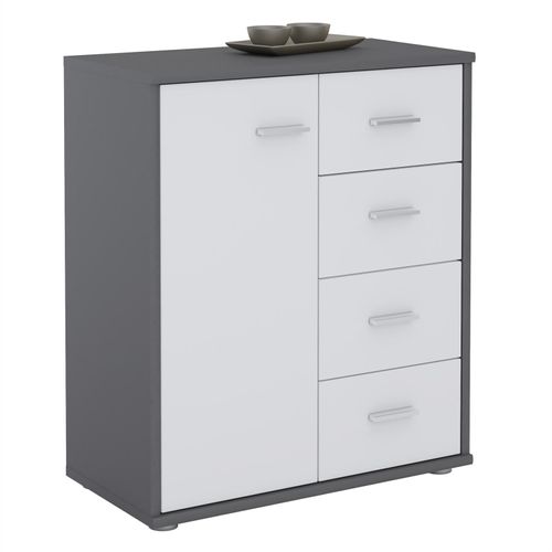 Buffet Oscar, Commode Meuble De Rangement Avec 4 Tiroirs Et 1 Porte, En Mélaminé Gris Mat Et Blanc Mat