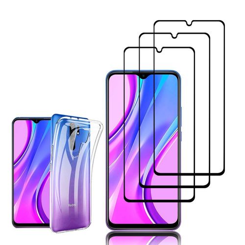 Coque Silicone Pour Xiaomi Redmi 9 6.53" Gel Ultraslim Et Ajustement Parfait - Transparent + 3 Films Verre Trempé - Noir