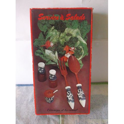 Service À Salade - En Céramique Et Bois Naturel - Vintage