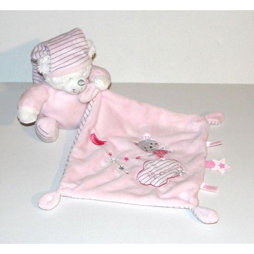 Doudou Ours Rose Max & Sax Mouchoir Brodé Lune Nuage Moon Peluche Ourson Capuche Rayé