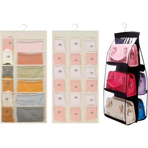 Sac Main Organisateur Penderie, Noir 6 Poches Pliable Rangement Suspendu Main + Beige Économiseur D'espace Sac Rangement Suspendu Double-Face Pour Chambre Coucher Armoires Chaussettes