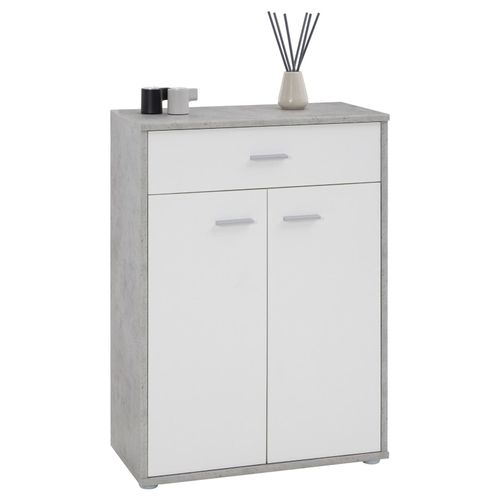 Buffet Calais, Commode Meuble De Rangement Avec 1 Tiroir Et 2 Portes, En Mélaminé Décor Béton Et Blanc Mat