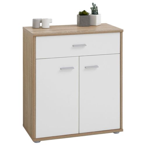 Buffet Monaco, Commode Meuble De Rangement Avec 1 Tiroir Et 2 Portes, En Mélaminé Décor Chêne Sonoma Et Blanc Mat