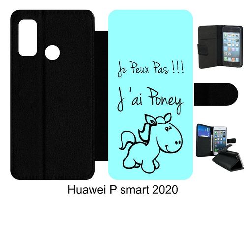 Etui À Rabat Huawei P Smart 2020 - Citation Poney Turquoise - Simili-Cuir - Noir