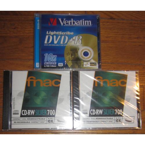 2 CD RW vierges 700 Mo + 1 DVD vierge 4,7 Go