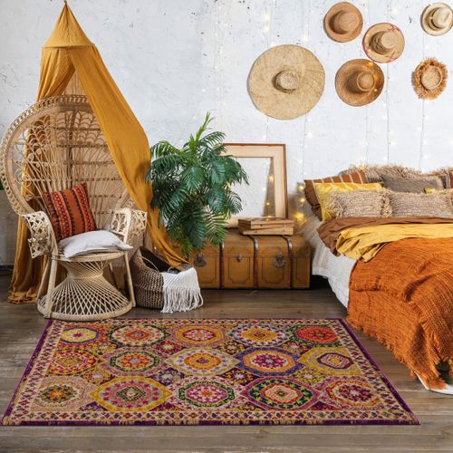 Tapis Oriental 200x280 Rectangle Rouge Et Jaune Tissé Motif Ethnique Pecha