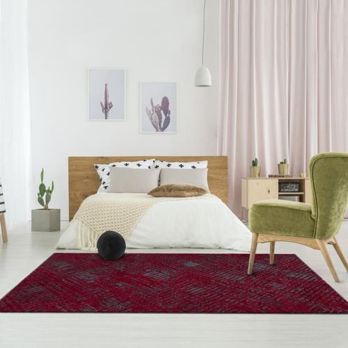 Tapis Couloir 75x300 Tissé Rouge Et Gris Rectangle Motif Faux Uni Tereminde