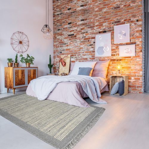 Authentique Tapis Noué Main En Laine 160x230 Motif Scandinave Gris Et Beige Lounali