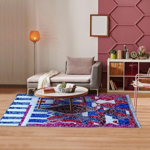 Authentique Tapis Berbère 145x235 Fait À La Main En Laine Blanc Cassé Et Bleu Azilal 19 Motif Ethnic