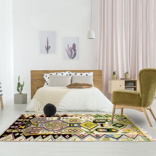 Authentique Tapis Berbère 140x235 Fait À La Main En Laine Blanc Cassé Et Vert Azilal 26 Motif Ethnic