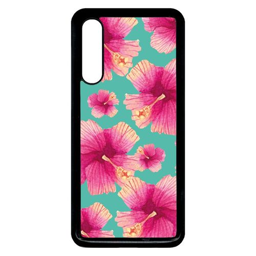 Coque Xiaomi Mi 9 - Hibiscus Fond Turquoise - Noir