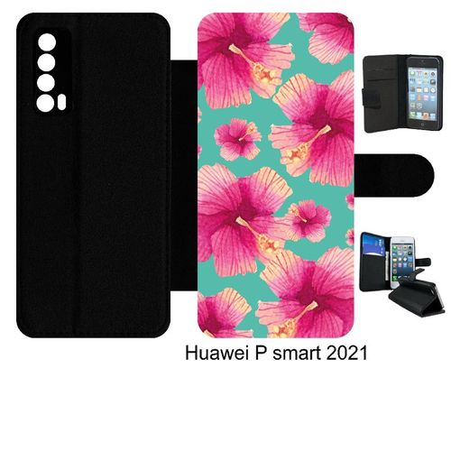 Etui À Rabat Huawei P Smart 2021 - Hibiscus Fond Turquoise - Simili-Cuir - Noir