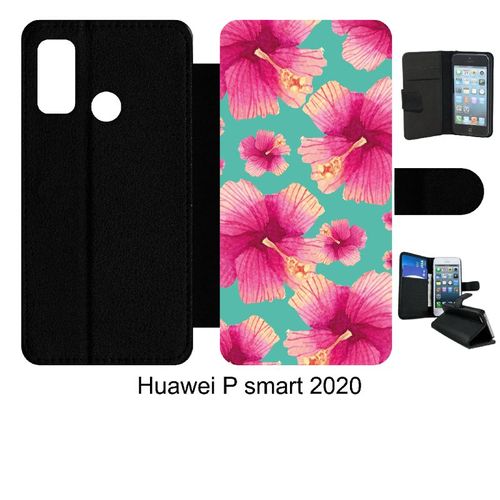 Etui À Rabat Huawei P Smart 2020 - Hibiscus Fond Turquoise - Simili-Cuir - Noir