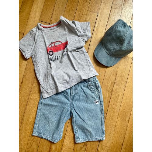 Ensemble Casquette, T-Shirt Voiture Et Bermuda Bébé Garçon - Gris Chiné/Rayé Denim (Vertbaudet)