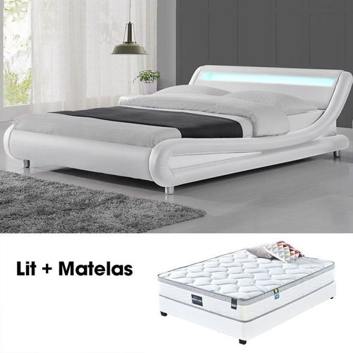 Lit Led Design Julio Blanc 160cm Avec Matelas Romance